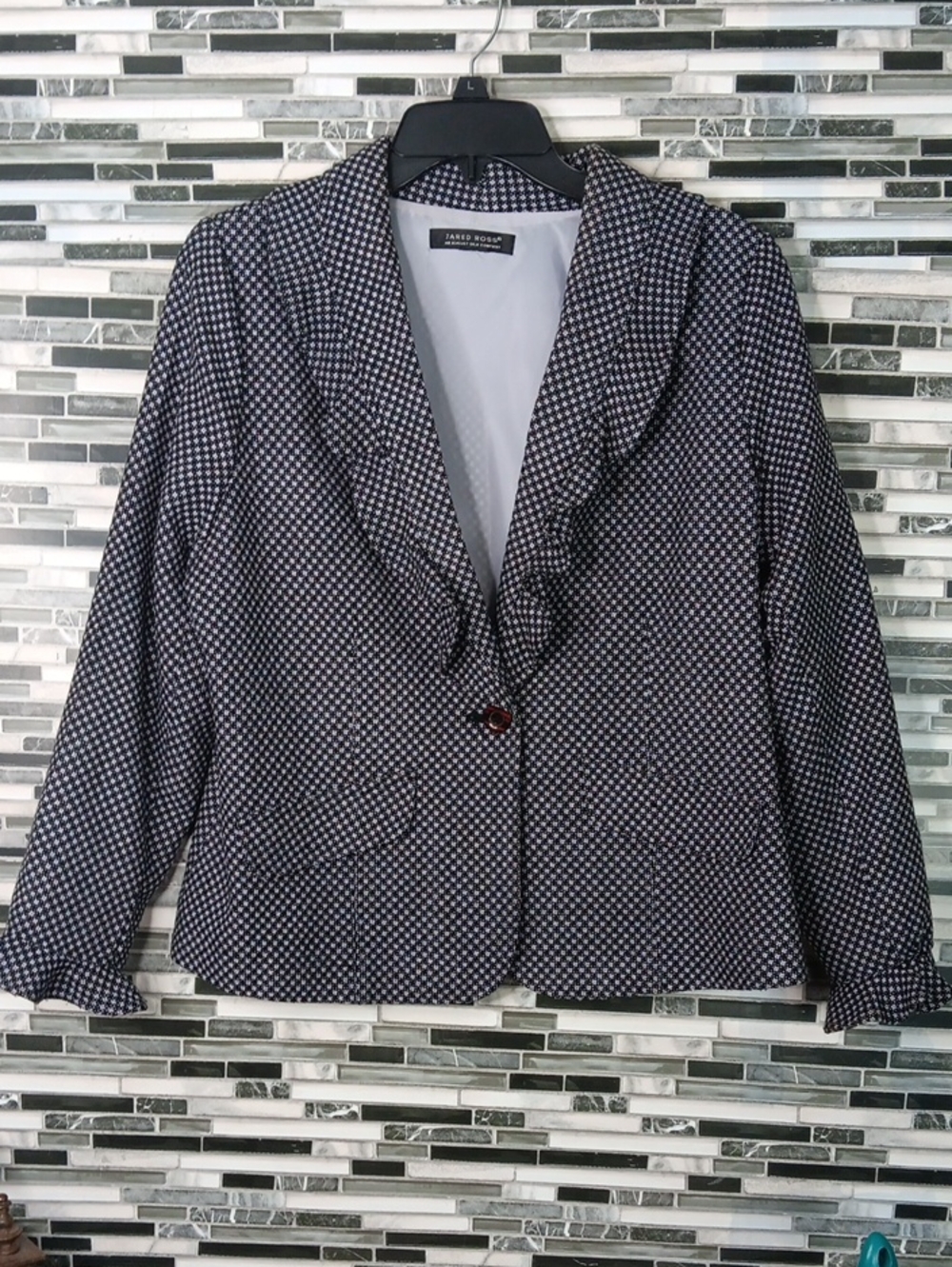 Jared Ross August Silk Co Blazer Ruffed V Neck Black Lavender Career Business